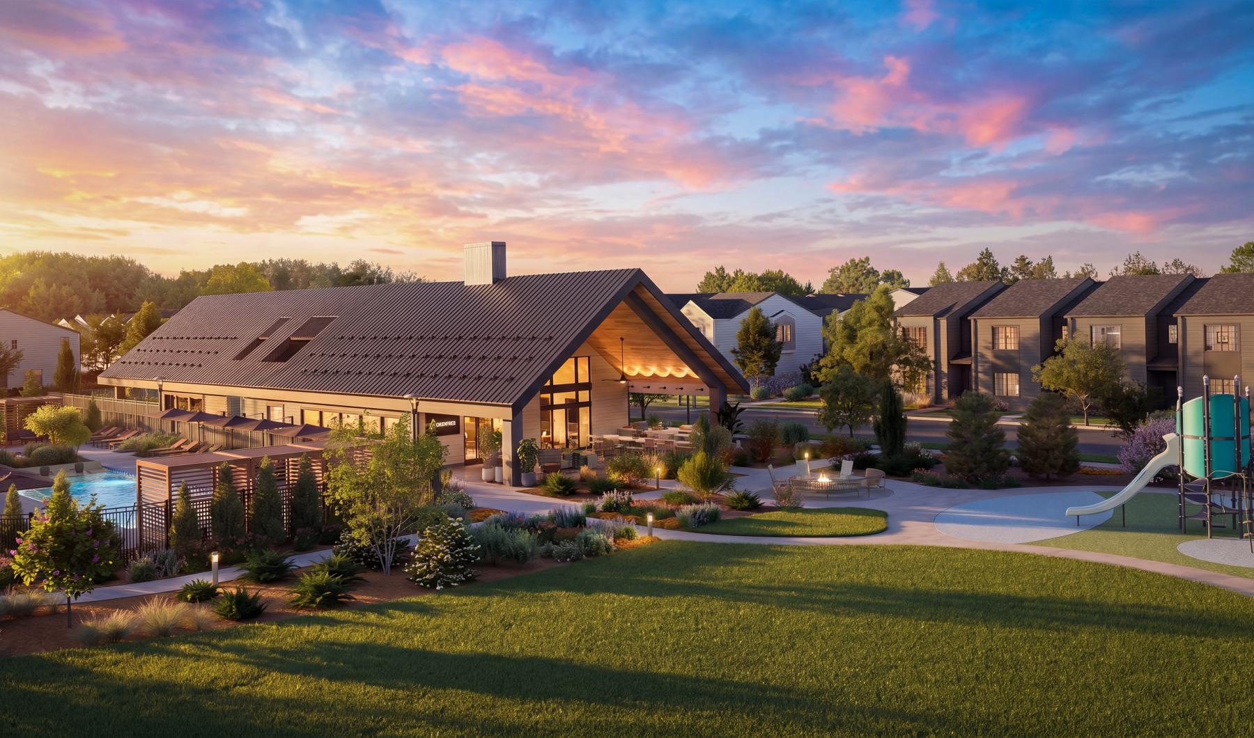 a leasing office with a lawn and a pool