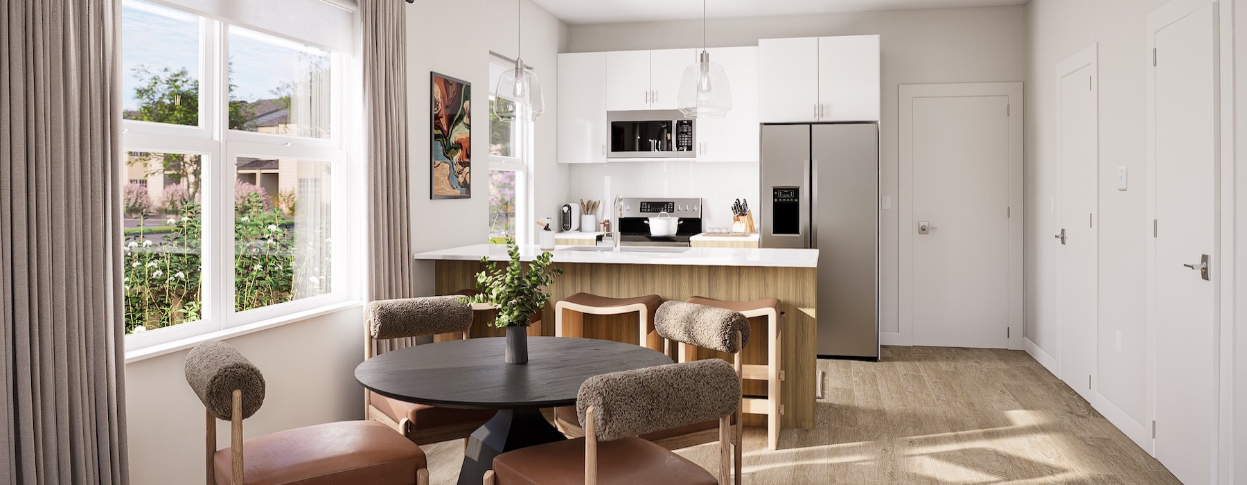 a kitchen with a table and chairs