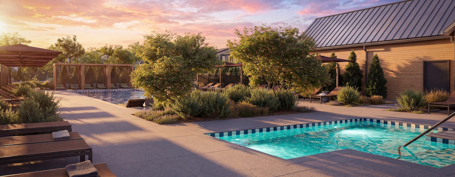 a swimming pool with lounge chairs and trees