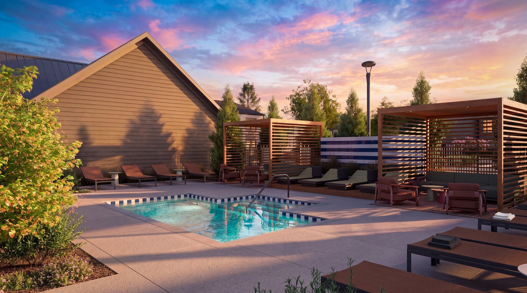 a pool with chairs and cabanas
